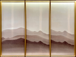 Close up of abstract mountain illustration in gradient of purple, brown, and beige color. Random hills and mountain printed painting for wall decoration. Seamless background texture.