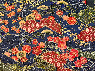 Close up of Japanese theme floral art graphic illustration printed on wallpaper or fabric. In red,...