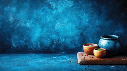 Rustic Still Life with Wooden Bowls and Blue Ceramic Jar on Cutting Board