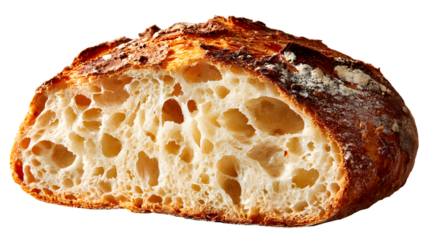 A close-up of a sliced sourdough loaf, revealing a light, airy, open crumb and a perfectly crusty exterior. A beautiful shot for artisan bakeries.