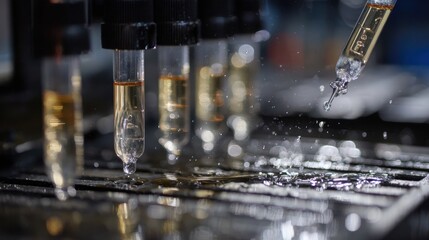 Medium shot of dielectric fluid samples being drawn for testing during immersion cooling system service with outoffocus cooling racks behind.