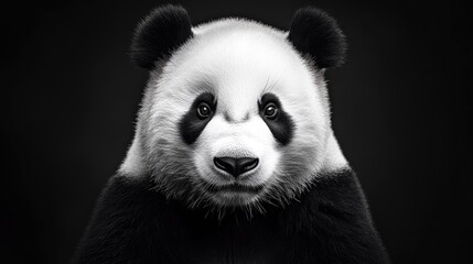 Close-up portrait of a panda face with striking black and white contrast, set against a pure black backdrop for dramatic effect