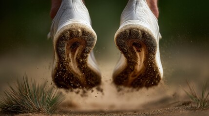 A runner's shoes kicking up dirt on a trail.