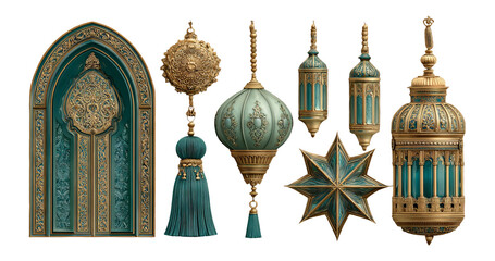 Obraz premium Ornate Decorative Elements with Gold and Turquoise on Transparent Background