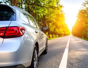 Fototapeta premium White car on a sunny road through trees