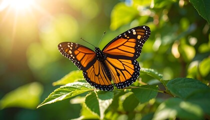 Fototapeta premium Monarch butterfly on vibrant green leaves bathed in sunlight