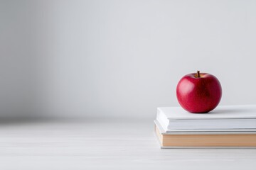 Red apple resting on stack of white books with soft lighting, creating a minimalist and inviting atmosphere for educational concepts