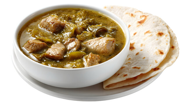 A hearty bowl of authentic Colorado Green Chili, a savory pork and green chile stew, served with warm flour tortillas. An isolated shot for regional menus.