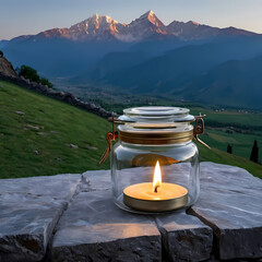 Lit Candle in Glass Jar on Stone Wall with Mountain Background  