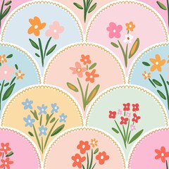 Cotton fabric Seamless pattern of retro pastel floral illustration with colorful vintage inspired blossoms in a hand drawn feminine style perfect for textile wallpaper and surface design