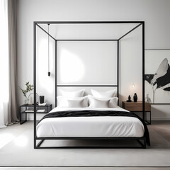 Minimalist Bedroom with White Bedding and Black Metal Frame Bed  