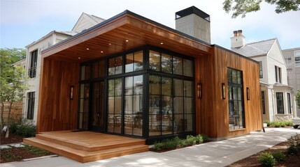 Modern Building Exterior with Wood Cladding and Black Framed Windows