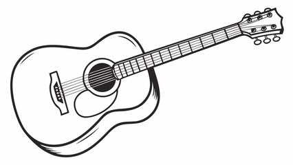 Illustration of a black and white acoustic guitar with visible strings and tuning pegs on the headstock
