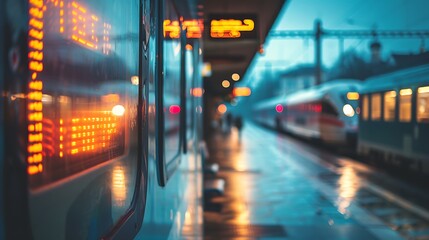 Train station platform at night with train arriving travel destination transportation public transit scene