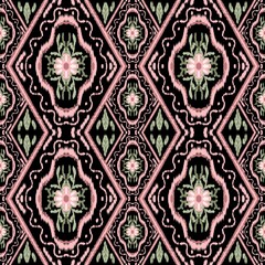  flowers Ikat Seamless Pattern • Bohemian Textile Design • Traditional Fabric Texture • Digital Background for Print and Crafts
