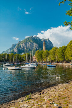 Sailboats docked on Lake Como in Lecco, Italy