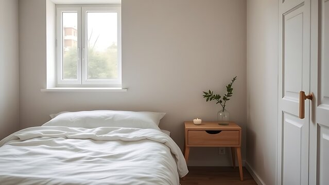 Minimalist bedroom corner with a made bed and nightstand, bathed in soft ambient light.
