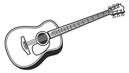 Illustration of an acoustic guitar with strings and tuning pegs in black and white design style