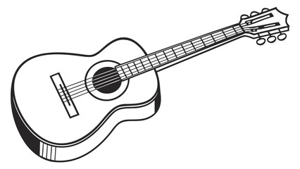 Illustration of a classical guitar with strings and tuning pegs in black and white outline style