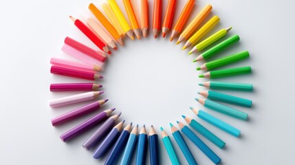 Obraz premium Colorful arrangement of vibrant colored pencils in a circular pattern on a clean white background, showcasing creativity and artistic expression