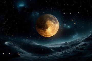 Full moon rising over rocky mountain landscape against starry night sky with glowing blue nebula clouds and floating particles in space atmosphere.