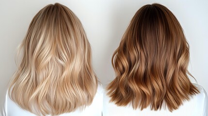 Fototapeta premium Comparison of blonde and brunette wavy hairstyles on white background showing trendy medium length cuts with natural-looking balayage color techniques.