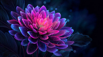 A vibrant abstract flower with surreal glowing petals in shades of pink, purple, and blue.