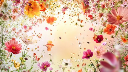 Mixed seasonal flowers gently raining down against a gradient background, evoking freshness and celebration