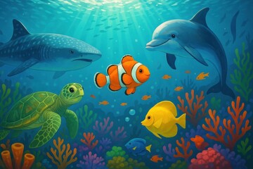 Obraz premium Vibrant underwater marine life illustration.