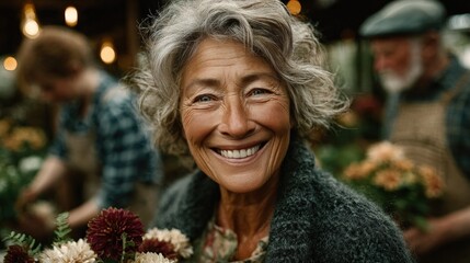 Smiling senior woman surrounded by flowers and other people
