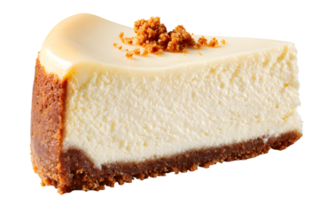 A perfect slice of classic New York-style cheesecake, with a rich, creamy filling and a sweet graham cracker crust. A decadent, isolated dessert shot.