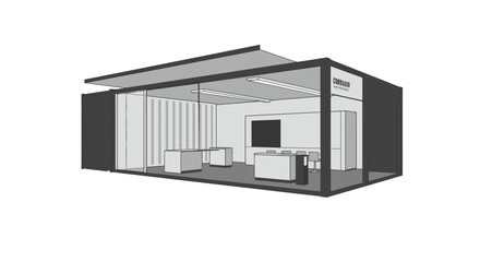 Striking portable office space rendering with modular design and modern interior layout for business meetings