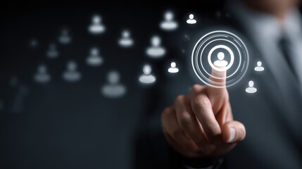 Fototapeta premium Finger pointing at virtual target with human icons floating