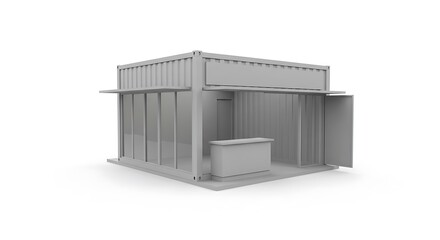 Modern minimalist shipping container booth perfect for trade shows or pop up retail events promotion