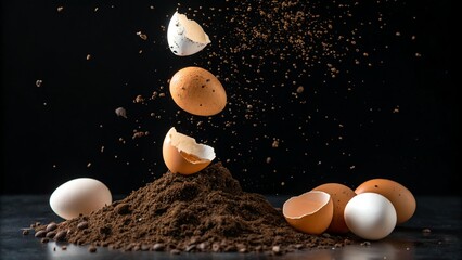 a pile of dirt with eggs falling out of it
