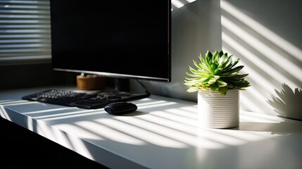 Modern home office setup with succulent, computer, and keyboard. Sunlight and shadows