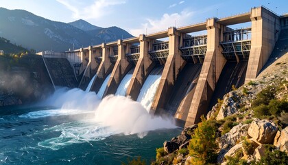 Dam spillway with mountain river, and energy. (1)