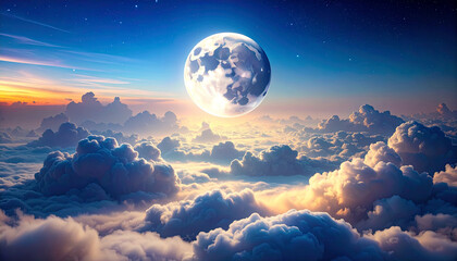 Fototapeta premium 雲海に浮かぶ月と幻想的な光の神秘風景空 – Mystical Floating Moon above a Sea of Clouds with Dreamy Lighting