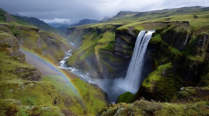 Fototapeta premium Waterfall in Iceland with vibrant rainbow and mossy canyon walls