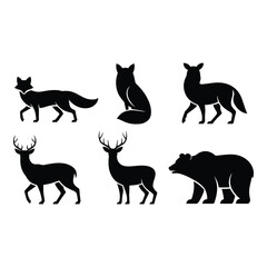 Silhouettes of forest animals including foxes deer and a bear