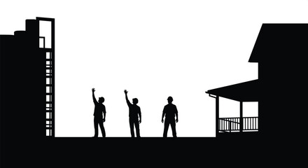 Silhouette people standing, raised arms gesture, rural house, tower structure, outdoor scene, teamwork concept, black and white vector, minimal design, illustration art