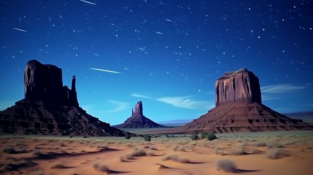 A breathtaking view of Monument Valley under a deep indigo night sky filled with dense star trails, red sandstone formations softly illuminated by moonlight, desert shadows enhancing depth, subtle 