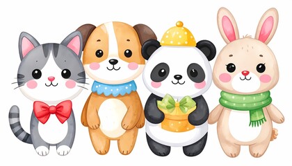 Fototapeta premium A charming quartet of adorable cartoon animals, including a grey tabby cat with a red bow, a brown and white puppy with a blue scarf, a panda in a yellow hat...