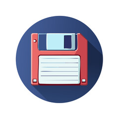 Illustration of a Vintage Floppy Disk in Red and White on a Round Blue Background