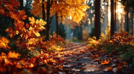 Obraz premium Autumn Forest Path with Golden Leaves and Sunlight, Fall Season Scenery