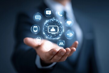Hand holding floating communication icons representing digital interaction and technology in a business environment