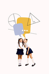 Banner image zine art pop trend collage of two happy classmates girls speak together chatterbox icon geometry subject figure
