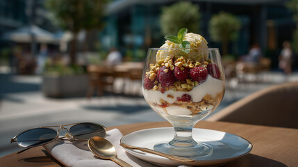 Pistachio Ice Cream Parfait with Raspberries on Caf&eacute; Terrace