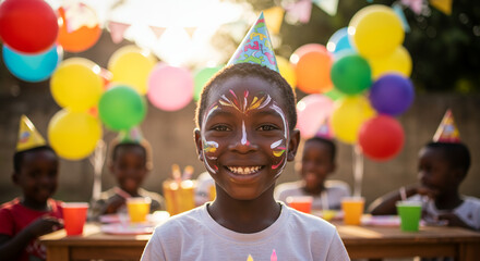 African boy with face paint at birthday celebration