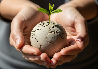 Nurturing a sustainable future, hands cradle a growing seedling emerging from a globe symbolizing new beginnings and global growth.